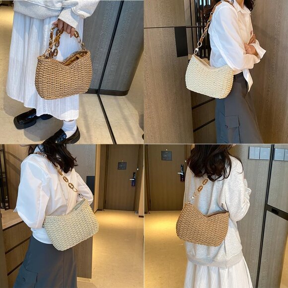 Women's Straw Shoulder Bag Woven Crossbody Purse Zipper Closure Stylish Beach - Picture 3 of 5